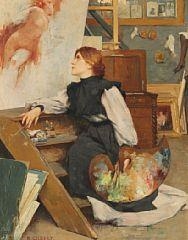 An artist contemplates the work of the day in her studio - René Joseph Gilbert
