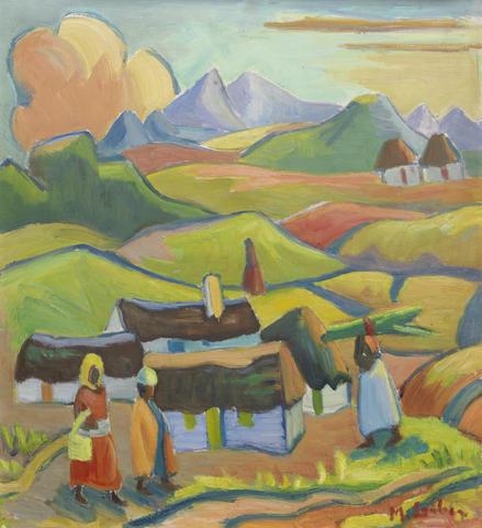 Landscape with houses and figures by Maggie Laubser
