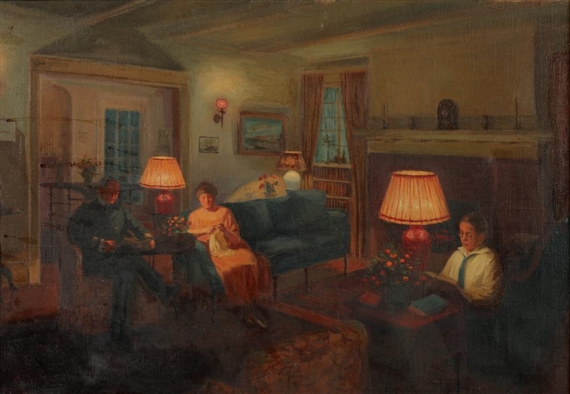 INTERIOR SCENE OF FAMILY AT HOME READING by Mark S. Joffe