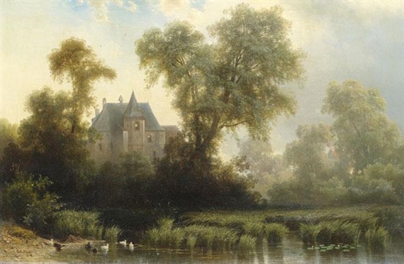 Summery landscape at a pond with a mansion in the background by Johannes Cornelis Jacobus Mali, 1864