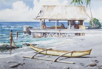 Fisherman with Hut and Canoe on the North Shore of Kauai - M.e. Van Sant