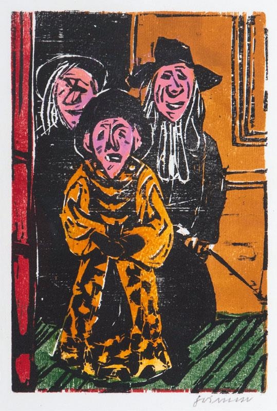 Artwork by Willem Grimm, Three Carnival Children, Made of Woodcut in colours