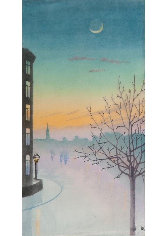 Artwork by Henriette Hahn-Brinkmann, Hamburg in Dusk, Made of Woodcut in colours