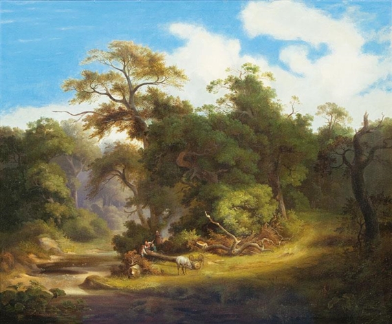 Idyllic Forest with Woodchoppers by Julius Bakof, 1845