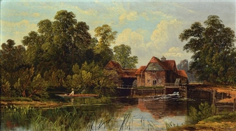 River Landscape with Mill and Fishing, Clay Painting with Rich Fforests, Water Reflection Through Designed Sky - A. Hum