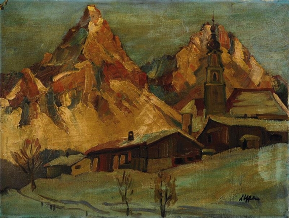 Mannheim, Landscape with Cottages and Chapel in Snowy Mountains by Paul Löffler
