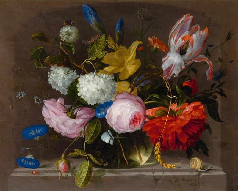 Jacob van Walscapelle Still life of flowers in a vase on a stone plinth with insects MutualArt