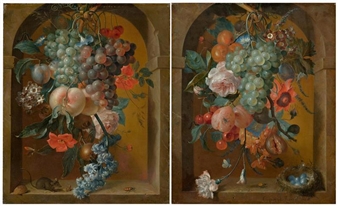 Pair of Works: Still life of flowers with a mouse; Still life of flowers with a bird's nest - Coenraet Conrad Roepel