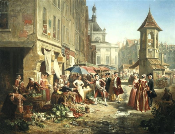 A Parisian market scene by Adolphe Francois Monfallet