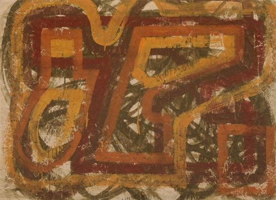 Ocker-Braun-Orange umrissene Formen über umbrafarbener Konstruktion und Kurven by Hermann Glöckner, 1948