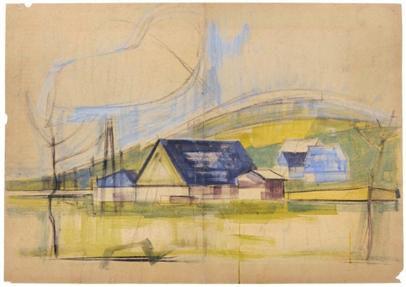 Häuser eines Dorfes vor Hügeln