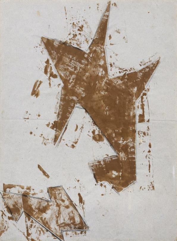 Artwork by Hermann Glöckner, Zwei braune Formen, aus spitzwinkligen Dreiecken, Made of Coloured stencil printing and graphite drawing on greyish wove paper