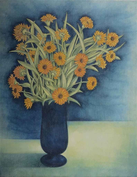 A vibrant still life of yellow daisies in a dark blue vase against a textured blue background.