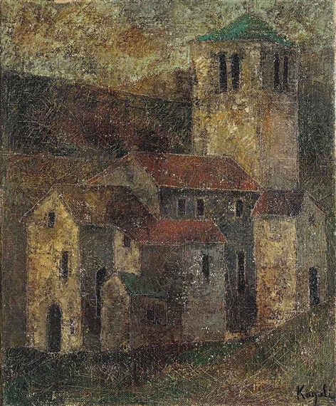 A textured painting of a small village church complex with a bell tower, rendered in earthy tones.