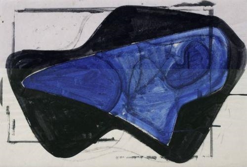 Artwork by Hermann Glöckner, Blaue Form in schwarzer Fläche, Made of Tempera on Japan