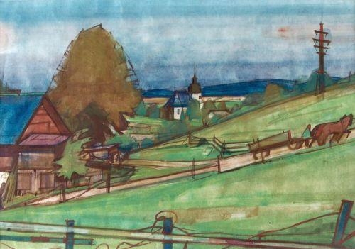 Landschaft mit Dungwagen. Heißer Tag. (Voitsdorfer Landschaft) by Hermann Glöckner, 1950