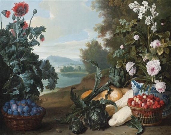 FRUITS, FLEURS ET LÉGUMES DANS UN PAYSAGE, FRANÇOIS DESPORTES ; FRUITS, FLOWERS AND VEGETABLES IN A LANDSCAPE ; SIGNED AND DATED LOWER RIGHT DESPORTES by Alexandre-François Desportes, 1720