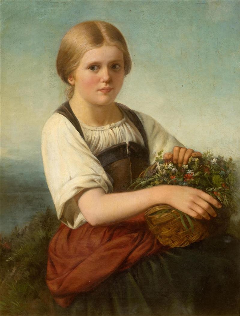 Flower girl in a broad landscape by Ludwig Knaus