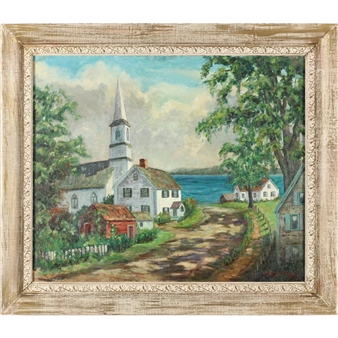 A pastoral landscape painting of a coastal village with a church, houses, and a winding road leading to the water.