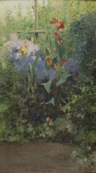 A lush garden scene filled with vibrant flowers and greenery.