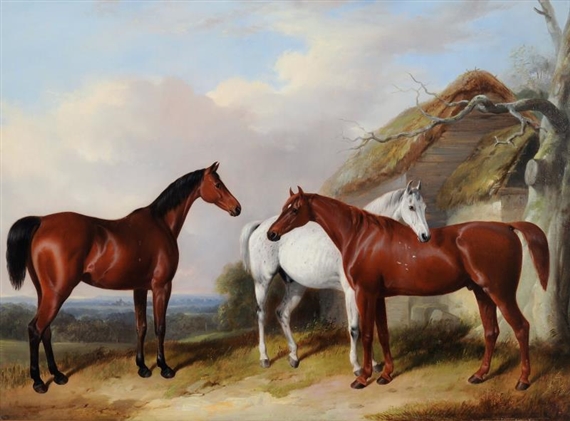 A bay, a chestnut and a grey by a thatched cottage by William Barraud