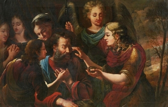 Tobit Healing his Father with Fish Gall - Hispano-Portuguese School, 17th Century
