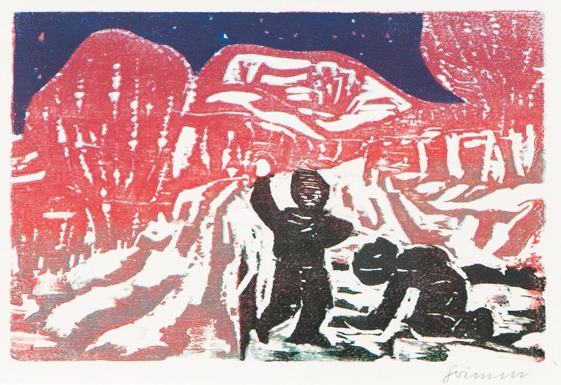 Artwork by Willem Grimm, Children in the Snow, Made of Woodcut in colours