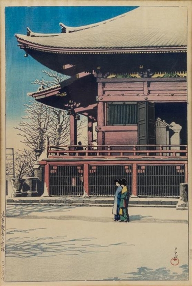 2 works: Temple in Snow by Hasui Kawase