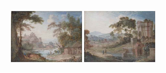 2 Works: Pêcheurs au bord d'une rivière, une ville à l'arrière-plan; et Caprice architectural avec une fontaine et des ruines antiques by Pierre Antoine Patel