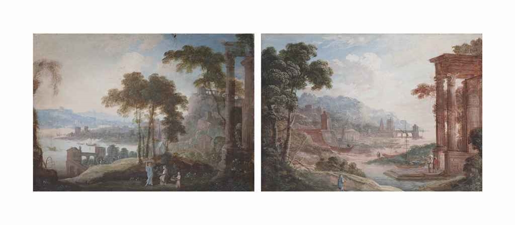 Artwork by Pierre Antoine Patel, 2 Works: Caprice architectural avec des femmes cueillant des fleurs; et Caprice architectural avec des voiliers amarrés et une colonnade antique, Made of gouache
