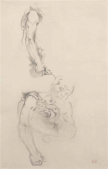 Buste d'homme vêtu d'une peau de lion, reprise de son bras gauche by Eugène Delacroix