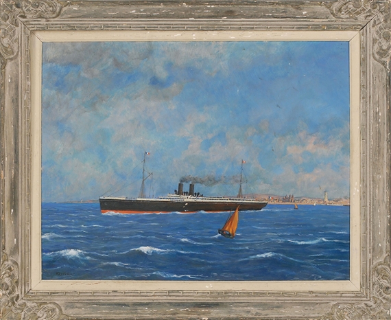 A black-hulled French cruise ship off the coast by Roger Deverin