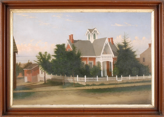 Red and white Victorian gingerbread cottage with white picket fence by Percy Sanborn