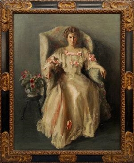 Portrait of a lady seated full-length in white dress with pink ribbons and roses - Margaret Kemplay Snowdon
