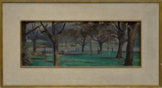 A framed landscape painting of a serene, tree-lined waterway rendered in cool tones.