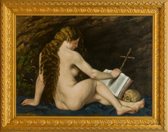 A classical painting of a nude figure reading by a skull in a dark, cavernous setting.