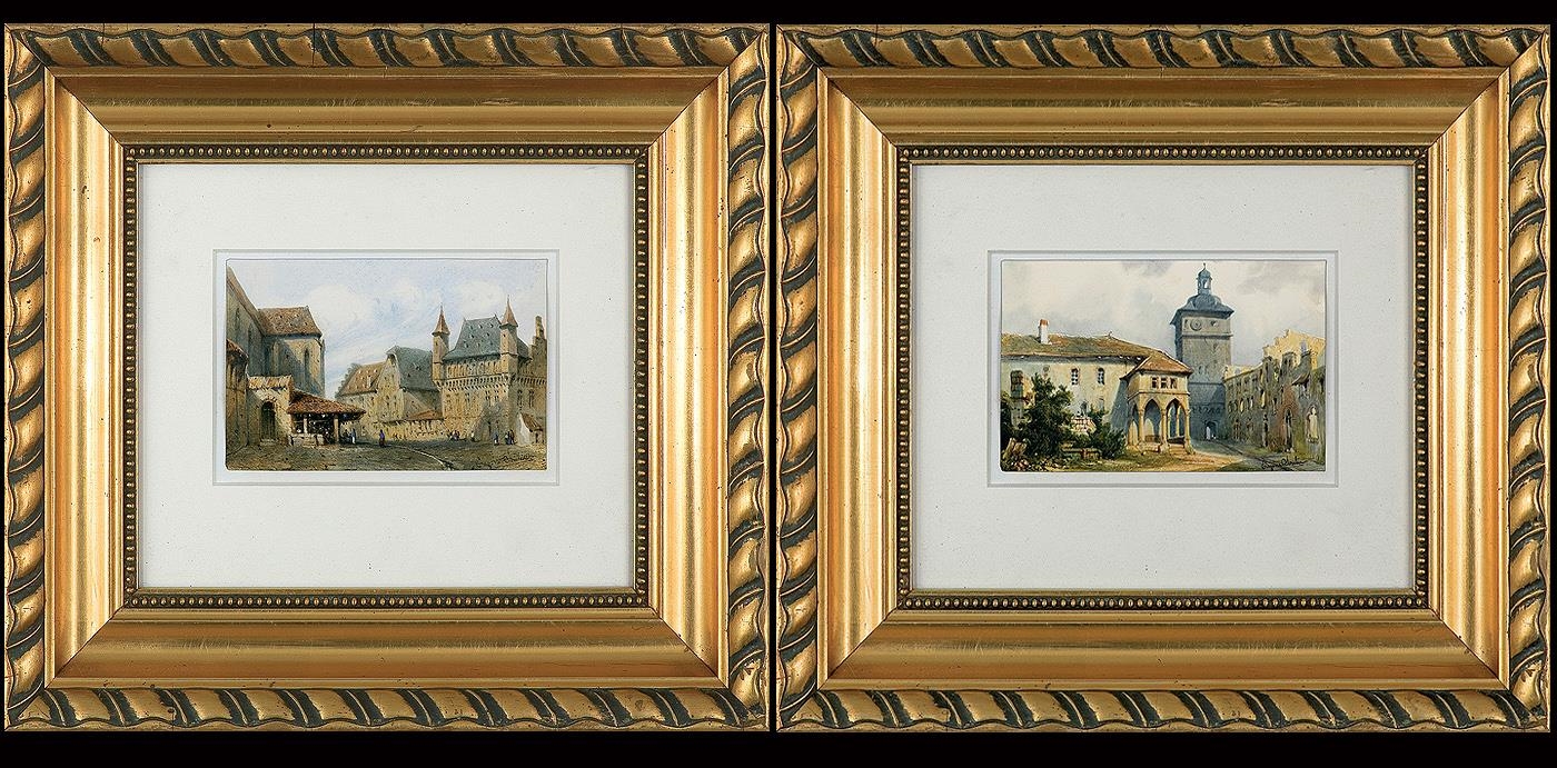 Artwork by Eugène Edouard Soulès, Two Paintings with Town Landscapes, Made of watercolour, paper