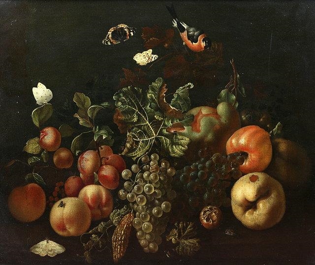Artwork by German School, 18th Century, Still Life an Abundance of Mixed Fruit with Butterflies and Chaffinch, Made of Oils on canvas