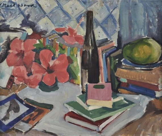 Still Life: Hibiscus, Book and Bottles by Noel Wood