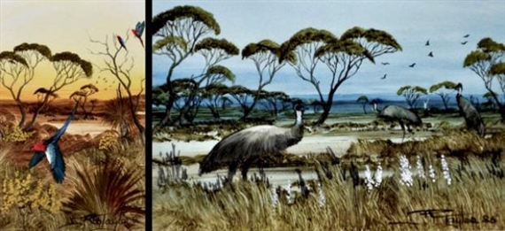 Pair of Works: Pair Miniature Paintings: Emus on the Plain; Crimson Rosella Wild by Rob Taylor