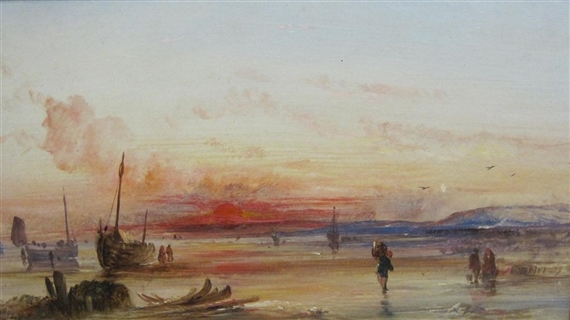 Fisherfolk on a Shore, Sunset by William Joseph Julius Caesar Bond