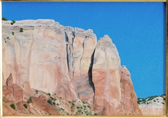A landscape painting of towering rock formations under a clear blue sky.