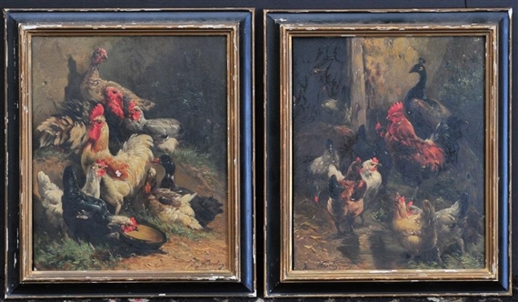 A Pair: Barn Scenes with Chickens by Henry Schouten