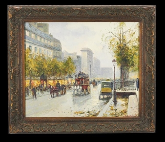 Street Scene with Horse-Drawn Wagons - René Rambert