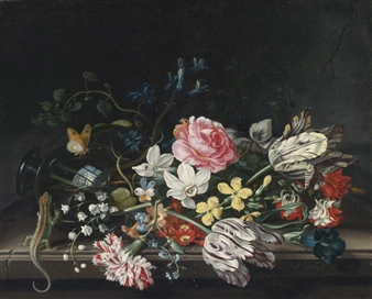 AN OVERTURNED VASE OF FLOWERS RESTING ON A LEDGE - Jacob Marrel