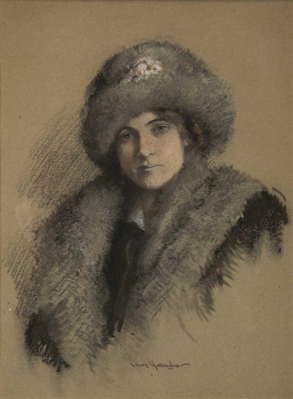 Painting of a young woman in a fur coat and hat by Sears Gallagher