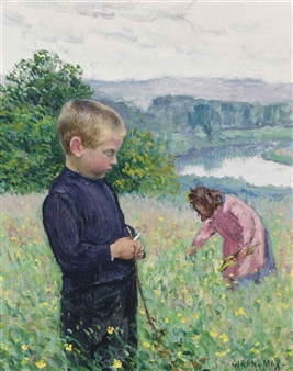 Children picking flowers by the river - Léon Giran-Max