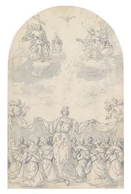 Saint Ursula Surrounded by Virgins above them the Holy Trinity and Pope Cyriacus or Bishop Sulpicius by Bartholomeus Spranger