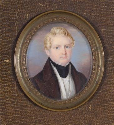 A Portrait of a Blond Gentleman with a Curly Hairdress Against Pink Clouds by Heinrich Abel Seyffert