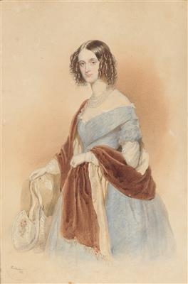 A Portrait of Caroline Countess Nostiz Rieneck in a Blue Dress and in a Brown Scarf by Josef Kriehuber, 1842